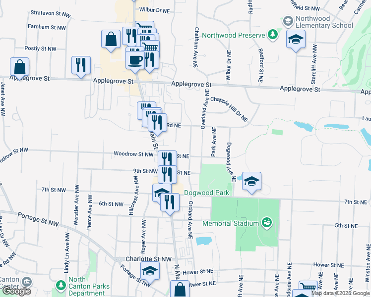 map of restaurants, bars, coffee shops, grocery stores, and more near 158 10th Street Northeast in North Canton