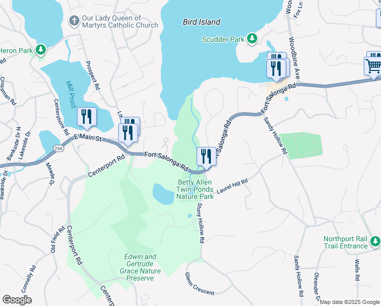 map of restaurants, bars, coffee shops, grocery stores, and more near 24 Fort Salonga Road in Centerport