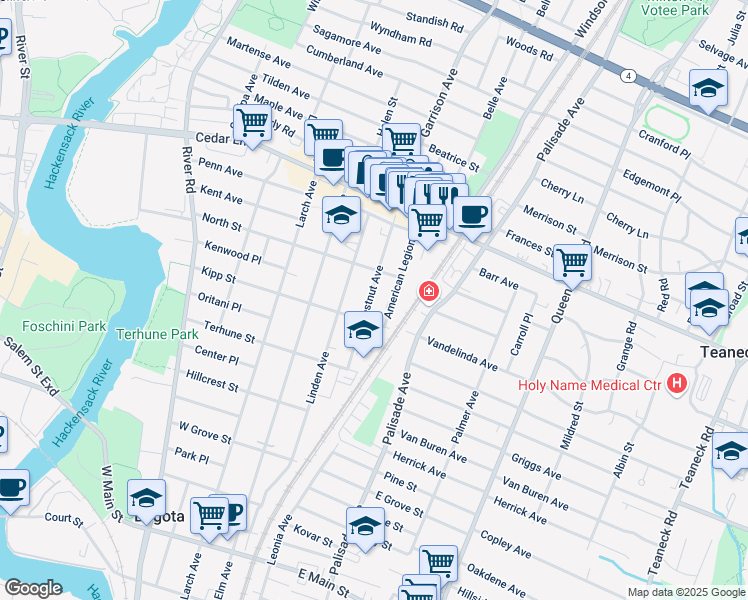 map of restaurants, bars, coffee shops, grocery stores, and more near 619 Chestnut Avenue in Teaneck
