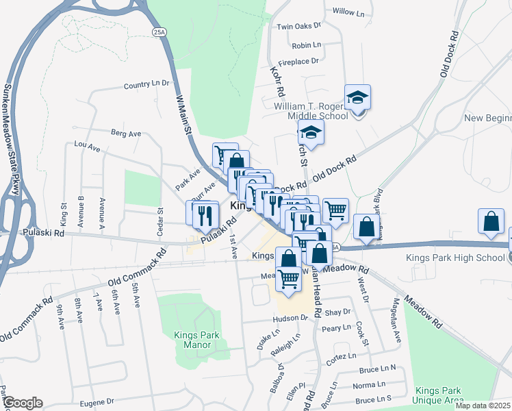 map of restaurants, bars, coffee shops, grocery stores, and more near in Kings Park