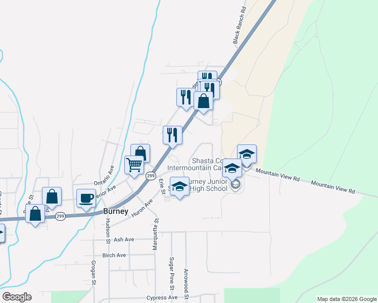 map of restaurants, bars, coffee shops, grocery stores, and more near 20519 Burney Ct in Burney