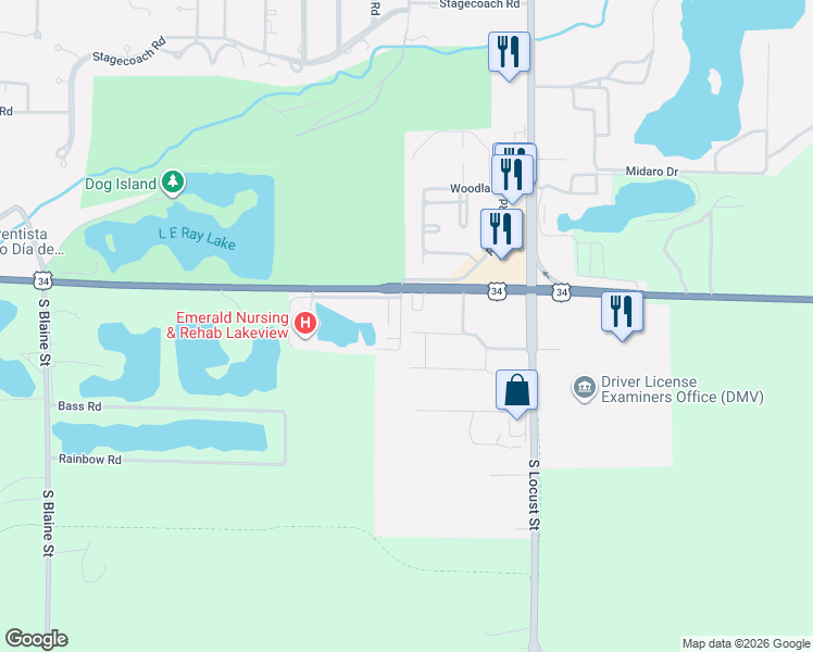 map of restaurants, bars, coffee shops, grocery stores, and more near 3553-3599 De Ann Road in Grand Island