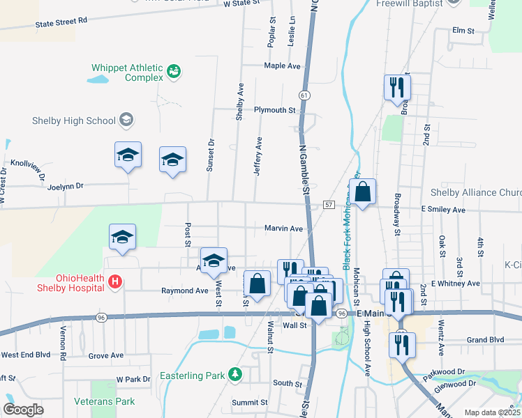 map of restaurants, bars, coffee shops, grocery stores, and more near 41 Marvin Avenue in Shelby