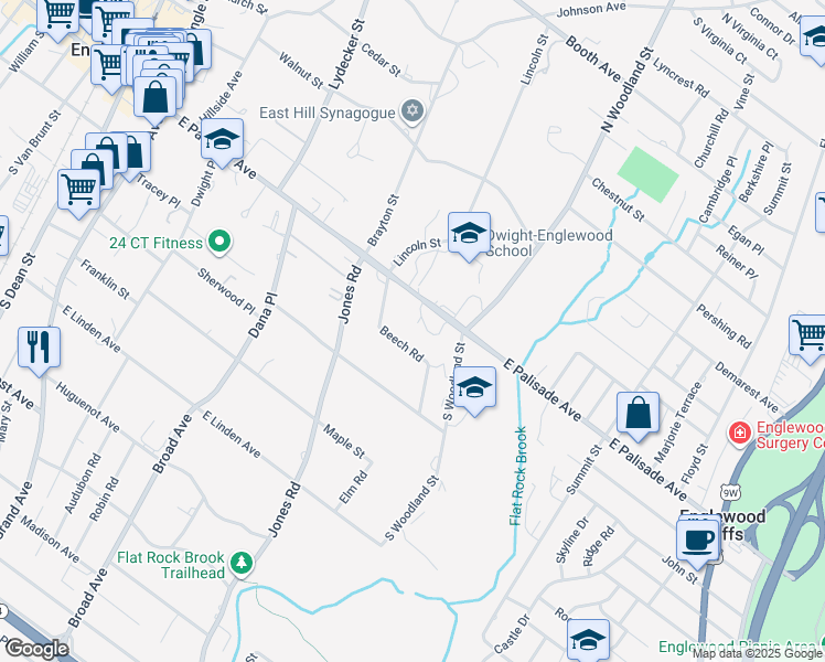 map of restaurants, bars, coffee shops, grocery stores, and more near 350 East Palisade Avenue in Englewood