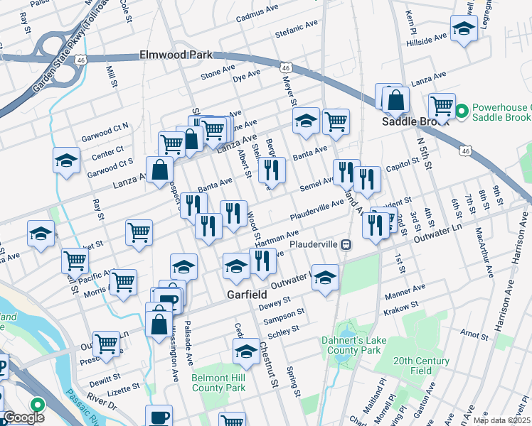 map of restaurants, bars, coffee shops, grocery stores, and more near 89 Plauderville Avenue in Garfield