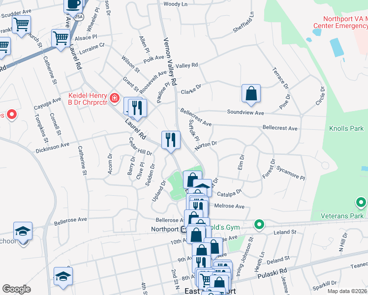 map of restaurants, bars, coffee shops, grocery stores, and more near 174 Laurel Road in East Northport