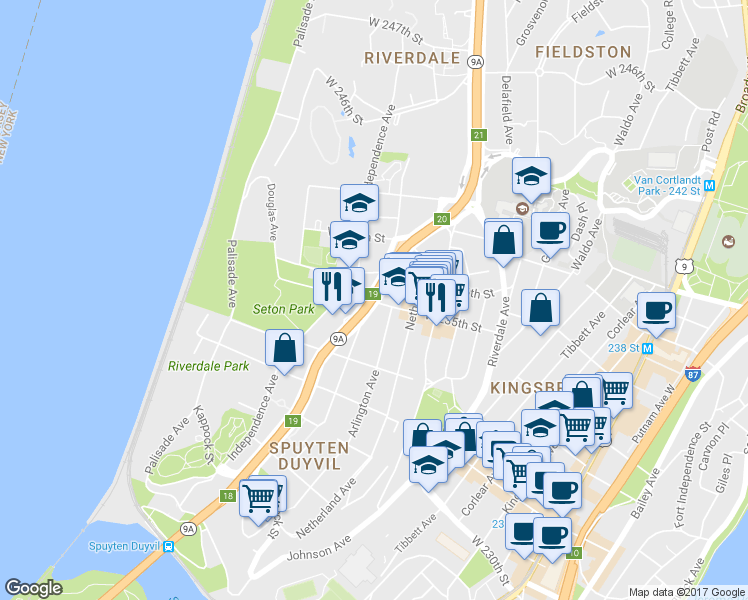 map of restaurants, bars, coffee shops, grocery stores, and more near 3380 Henry Hudson Pkwy in Bronx
