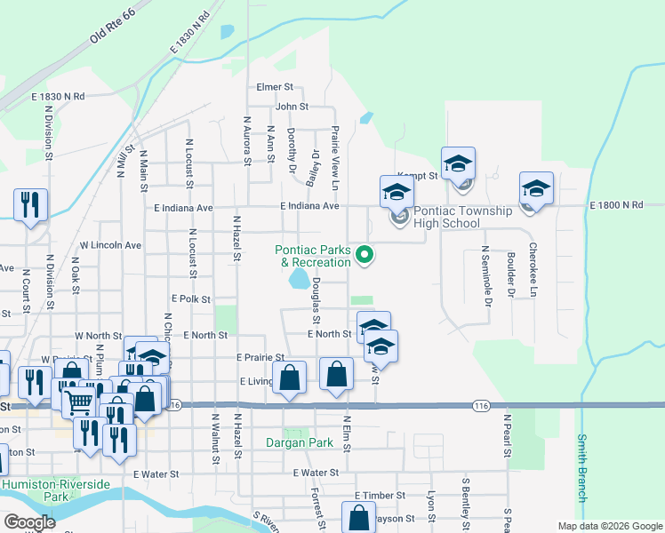 map of restaurants, bars, coffee shops, grocery stores, and more near 802 East Kathryn Street in Pontiac