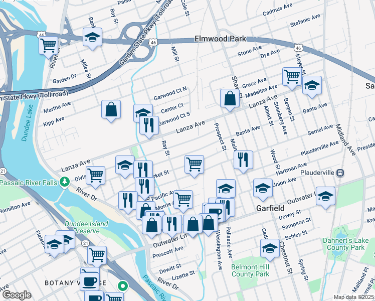 map of restaurants, bars, coffee shops, grocery stores, and more near 143 Market Street in Garfield