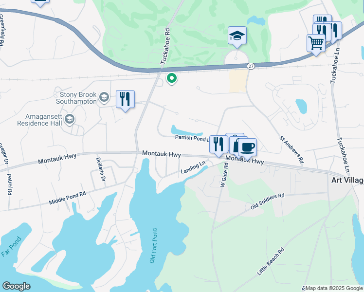 map of restaurants, bars, coffee shops, grocery stores, and more near 22 Parrish Pond Lane in Southampton