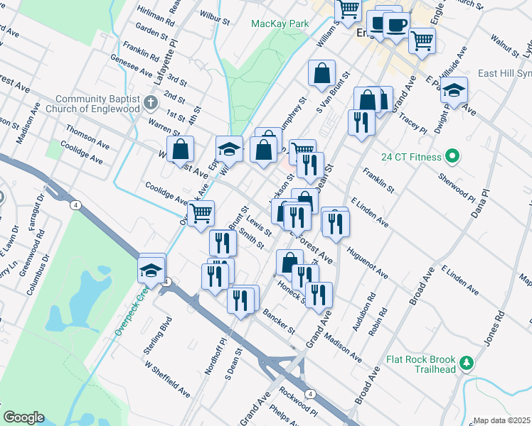 map of restaurants, bars, coffee shops, grocery stores, and more near 34 West Forest Avenue in Englewood