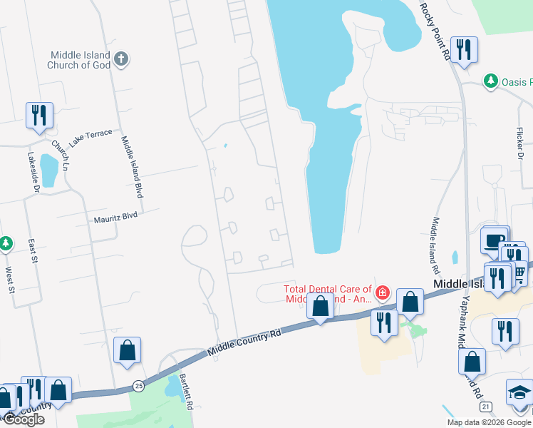 map of restaurants, bars, coffee shops, grocery stores, and more near 725 Spring Lake Drive in Middle Island