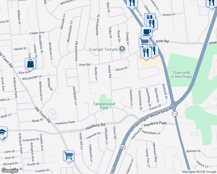 map of restaurants, bars, coffee shops, grocery stores, and more near 16 Howe Road in Coram