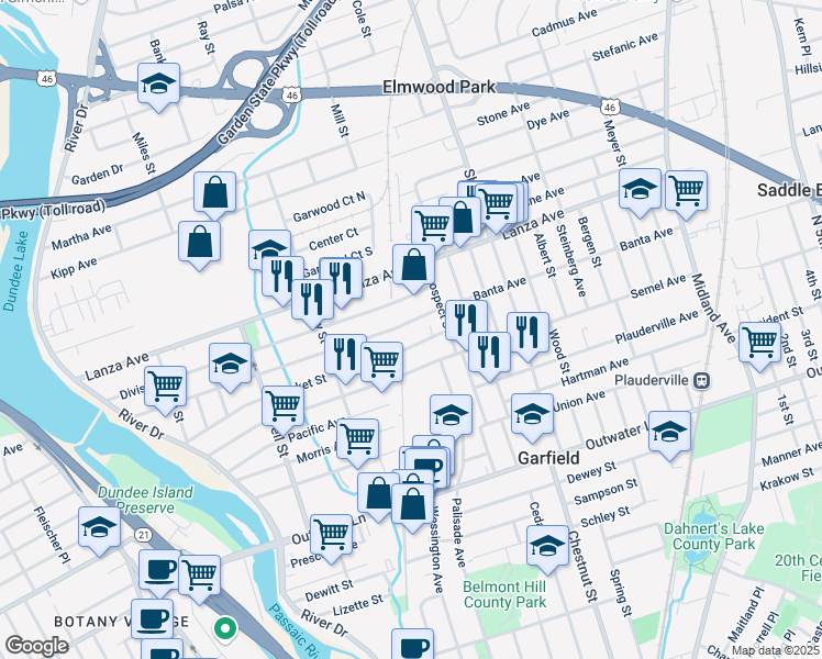 map of restaurants, bars, coffee shops, grocery stores, and more near 259 Banta Avenue in Garfield