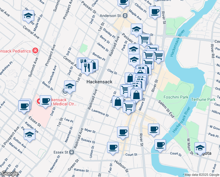 map of restaurants, bars, coffee shops, grocery stores, and more near 260 Park Street in Hackensack