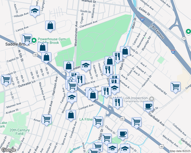map of restaurants, bars, coffee shops, grocery stores, and more near 35 Howard Street in Lodi