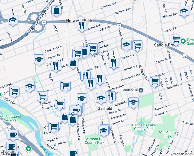 map of restaurants, bars, coffee shops, grocery stores, and more near 125 Shaw Street in Garfield