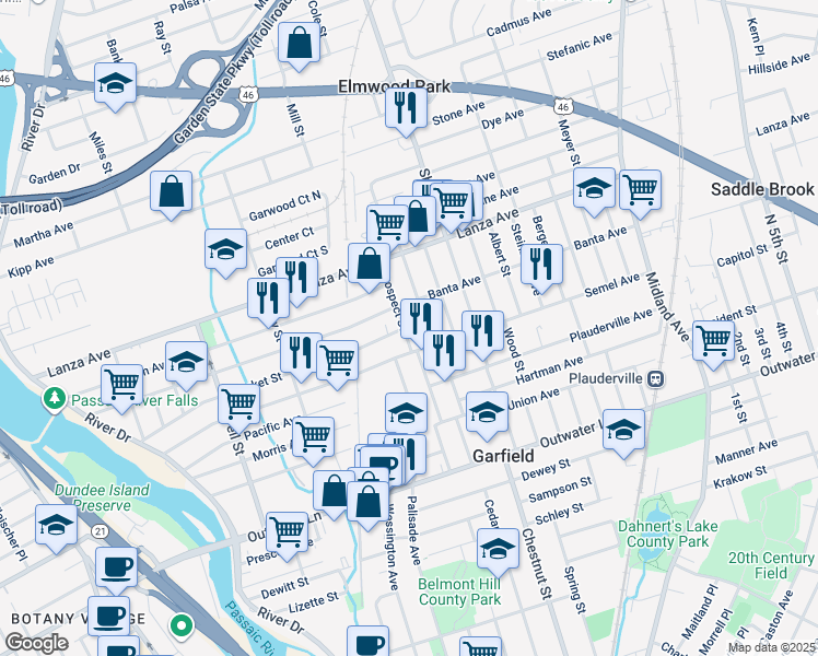map of restaurants, bars, coffee shops, grocery stores, and more near 140 Main Street in Garfield