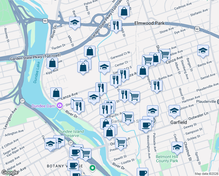 map of restaurants, bars, coffee shops, grocery stores, and more near 160 Lanza Avenue in Garfield