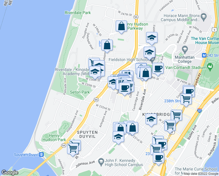 map of restaurants, bars, coffee shops, grocery stores, and more near in The Bronx
