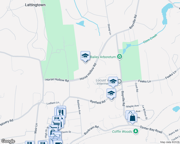 map of restaurants, bars, coffee shops, grocery stores, and more near 45 Horse Hollow Road in Locust Valley