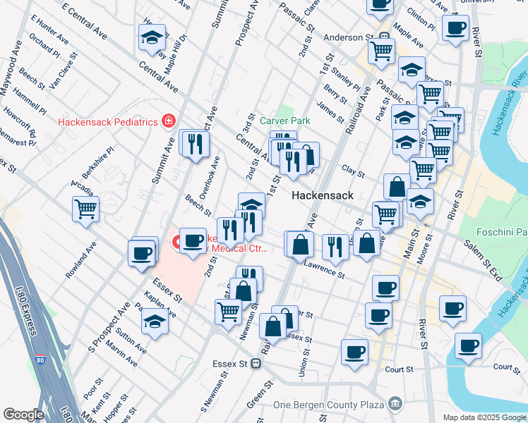 map of restaurants, bars, coffee shops, grocery stores, and more near 135 1st Street in Hackensack