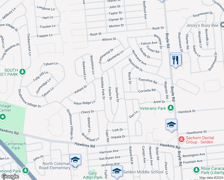 map of restaurants, bars, coffee shops, grocery stores, and more near 34 Fiesta Drive in Centereach