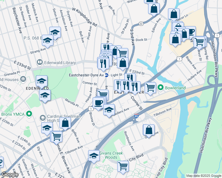 map of restaurants, bars, coffee shops, grocery stores, and more near 3712 Rombouts Avenue in The Bronx