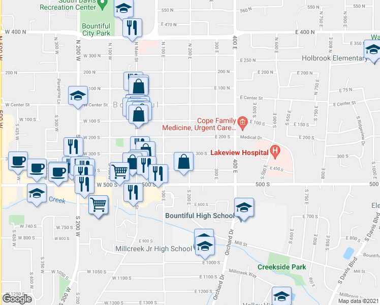 map of restaurants, bars, coffee shops, grocery stores, and more near 285 South 200 East in Bountiful