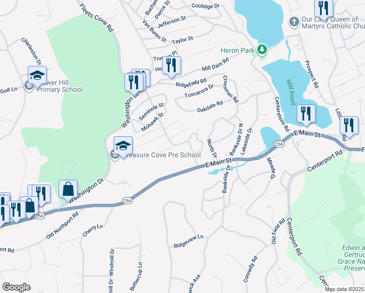map of restaurants, bars, coffee shops, grocery stores, and more near 37 Lone Oak Drive in Centerport