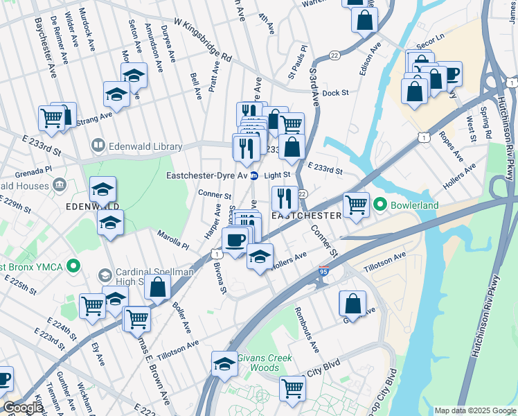 map of restaurants, bars, coffee shops, grocery stores, and more near 3714 Dyre Avenue in Bronx