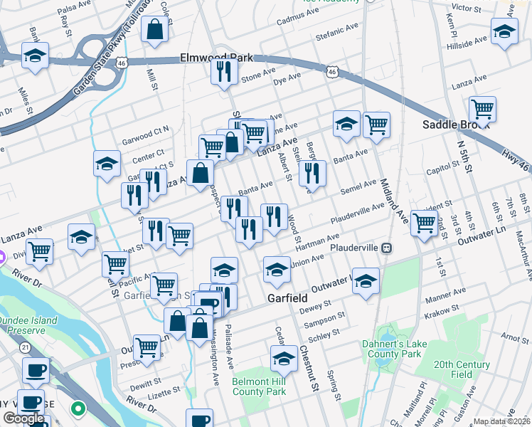 map of restaurants, bars, coffee shops, grocery stores, and more near 125 Shaw Street in Garfield