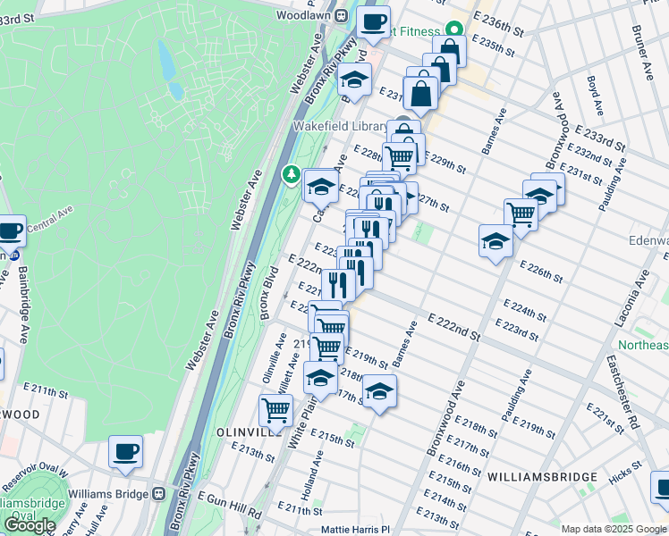 map of restaurants, bars, coffee shops, grocery stores, and more near 649 East 223rd Street in Bronx