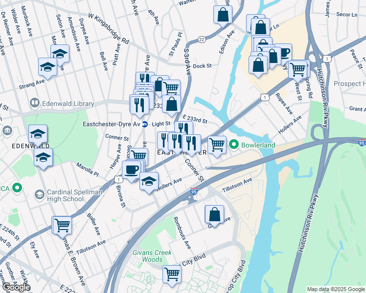 map of restaurants, bars, coffee shops, grocery stores, and more near 3625 Provost Avenue in Bronx