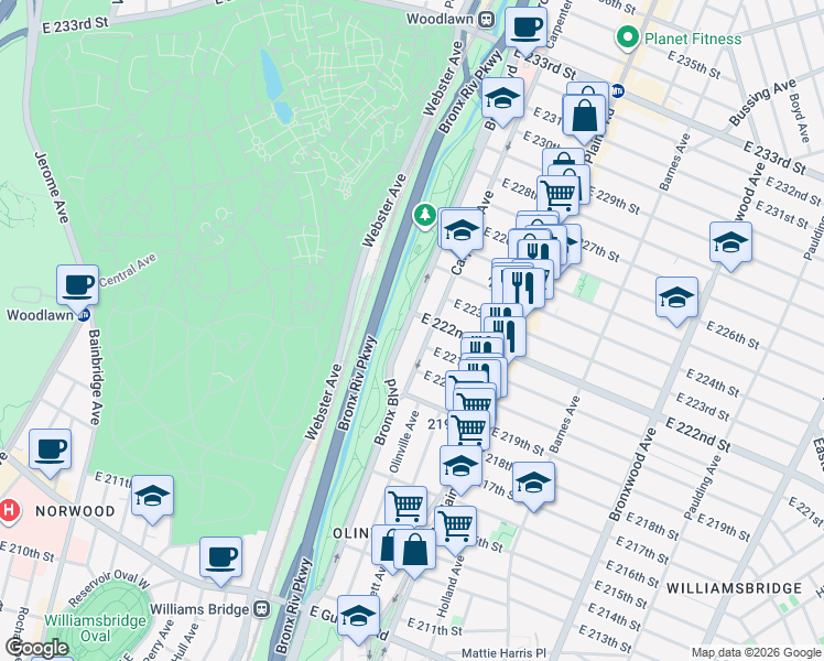 map of restaurants, bars, coffee shops, grocery stores, and more near 3856 Bronx Boulevard in The Bronx