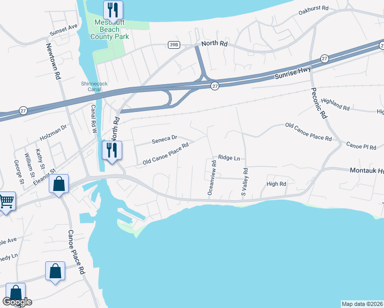 map of restaurants, bars, coffee shops, grocery stores, and more near 32 Old Canoe Place Road in Hampton Bays