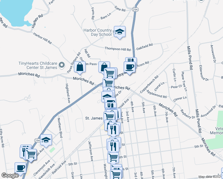 map of restaurants, bars, coffee shops, grocery stores, and more near 470 Moriches Road in St. James