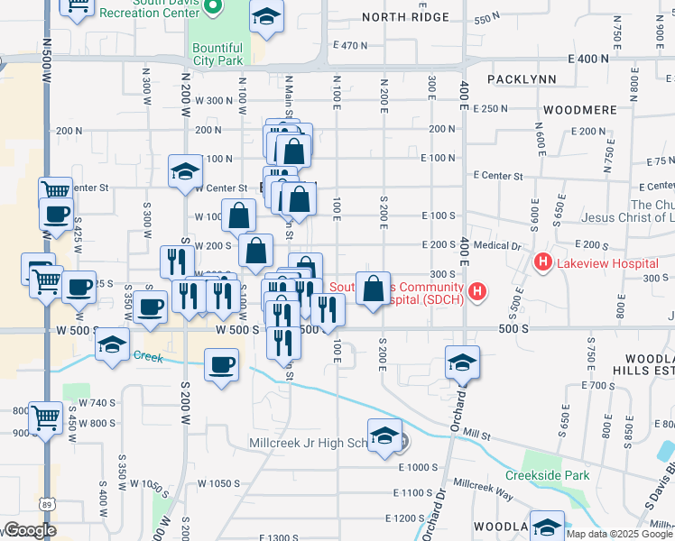 map of restaurants, bars, coffee shops, grocery stores, and more near 55 300 South in Bountiful