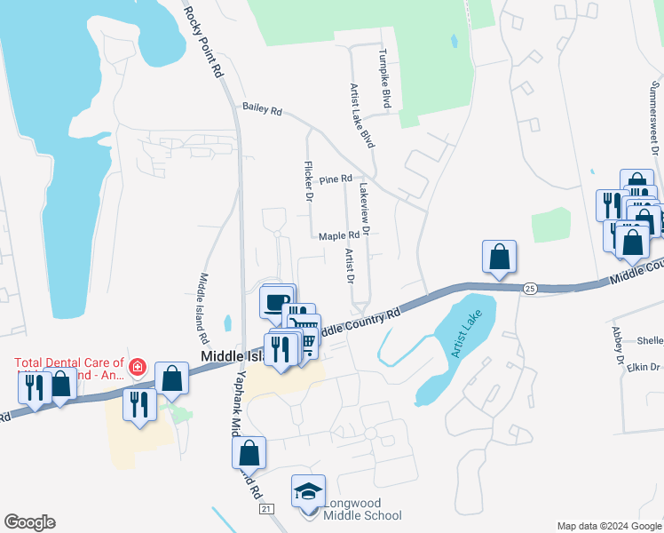 map of restaurants, bars, coffee shops, grocery stores, and more near 24 Artist Drive in Middle Island