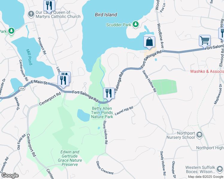 map of restaurants, bars, coffee shops, grocery stores, and more near 102 Fort Salonga Road in Centerport