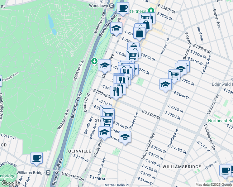 map of restaurants, bars, coffee shops, grocery stores, and more near in The Bronx