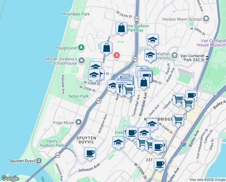 map of restaurants, bars, coffee shops, grocery stores, and more near 3616 Henry Hudson Parkway in The Bronx