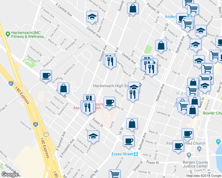 map of restaurants, bars, coffee shops, grocery stores, and more near 310 Beech Street in Hackensack