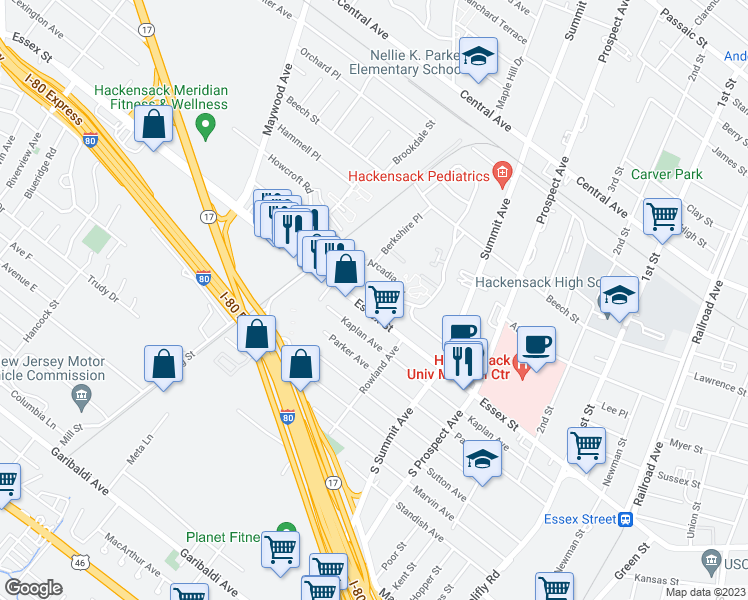 map of restaurants, bars, coffee shops, grocery stores, and more near 12 Berkshire Place in Hackensack