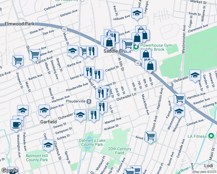 map of restaurants, bars, coffee shops, grocery stores, and more near 289 2nd Street in Saddle Brook