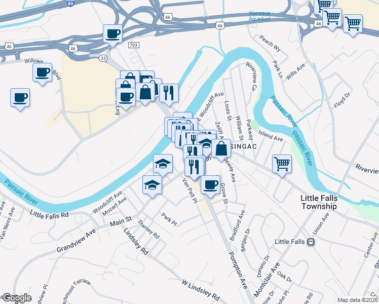 map of restaurants, bars, coffee shops, grocery stores, and more near 24 Newark Pompton Turnpike in Little Falls