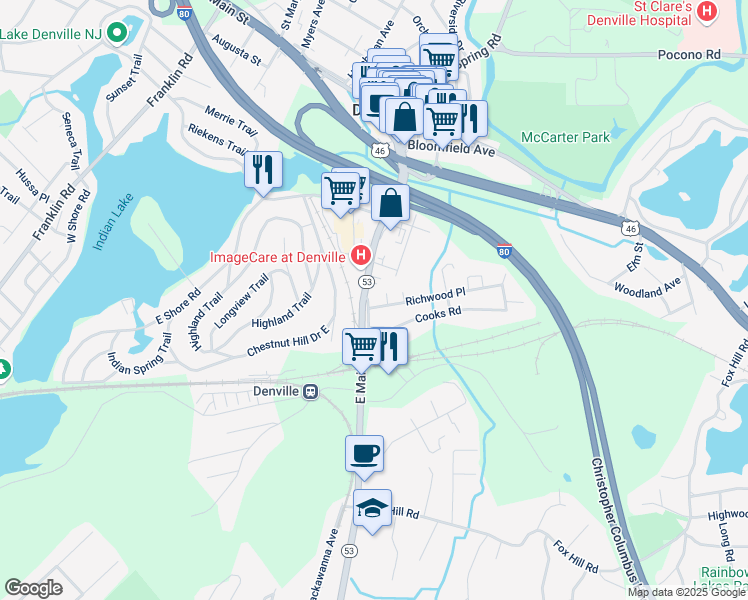 map of restaurants, bars, coffee shops, grocery stores, and more near 170 New Jersey 53 in Denville