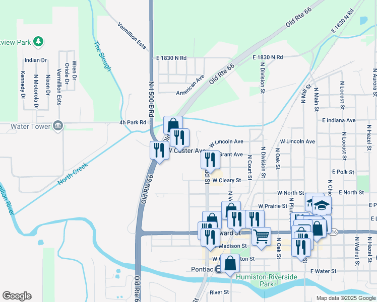 map of restaurants, bars, coffee shops, grocery stores, and more near 920 West Custer Avenue in Pontiac
