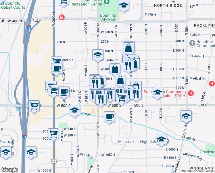 map of restaurants, bars, coffee shops, grocery stores, and more near 135 West 200 South in Bountiful