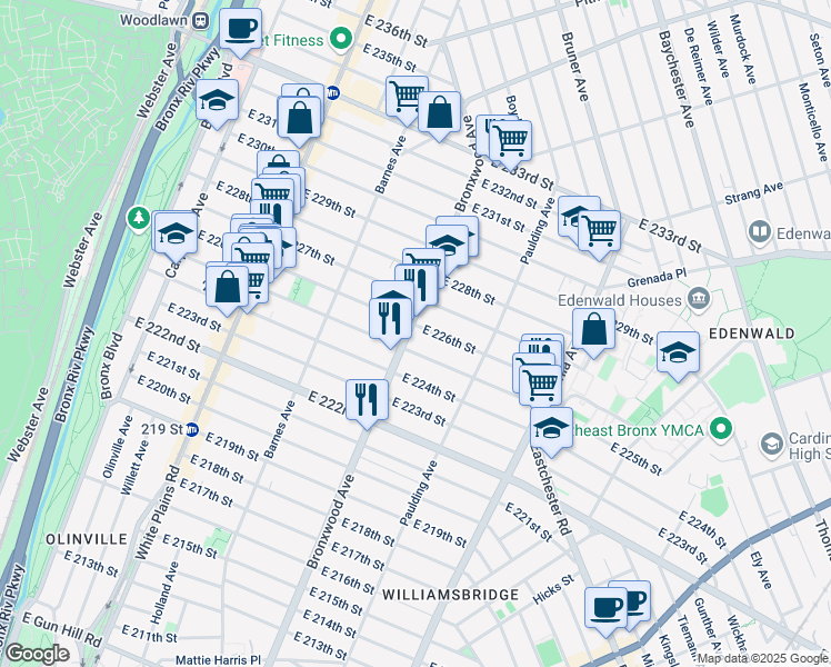 map of restaurants, bars, coffee shops, grocery stores, and more near 4008a Bronxwood Avenue in Bronx